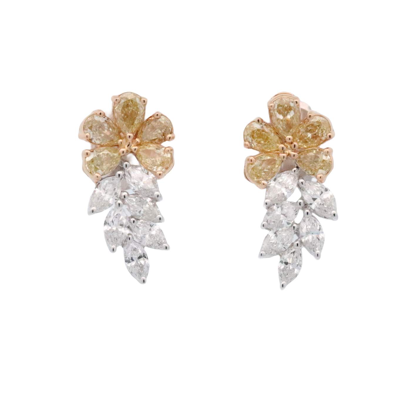 18K Flower Leaf Earrings With Yellow And White Diamonds Provident Jewelery
