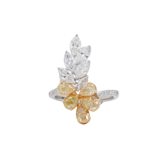 18K Flower/Leaf Ring with Fancy Yellow And White Diamonds Provident Jewelery