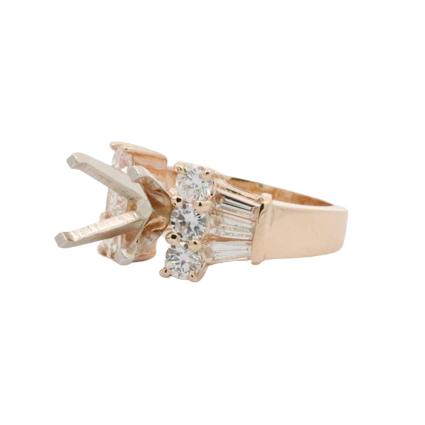 14K Round And Baguette Diamond Semi Mounting