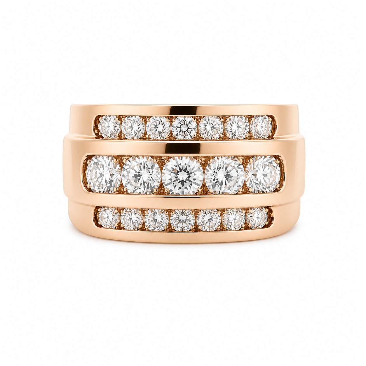 14K Yellow Gold Three Row Channel Set Round Diamond Ring