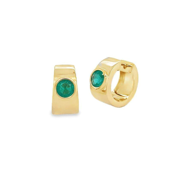 Ruchi New York, 18K Bezel Set "Lagoon" Emerald Huggie Earrings