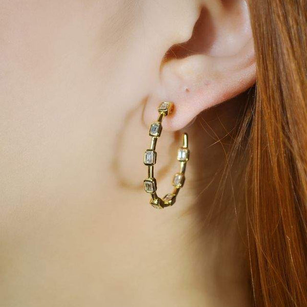 Ruchi of NY, 18K Emerald Cut Bezel Set Diamond Hoop Earrings