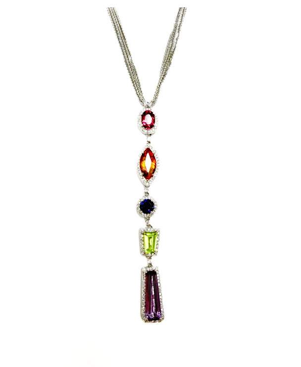 14K Colored stone necklace drop on triple chain