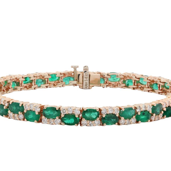 14K Oval Shaped Green Emerald and Round Diamond Bracelet