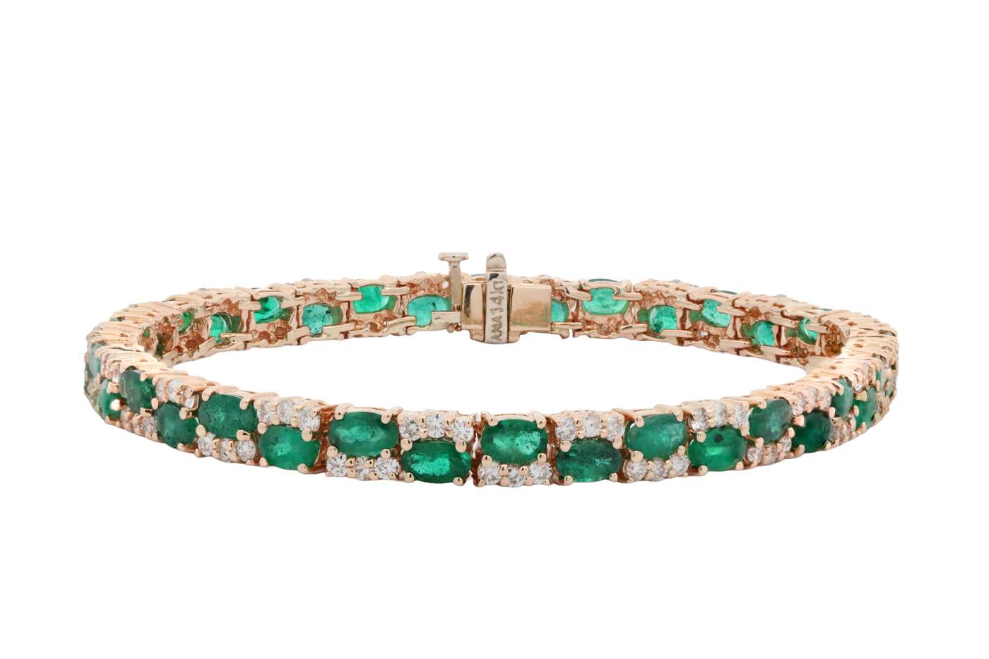 14K Oval Shaped Green Emerald and Round Diamond Bracelet
