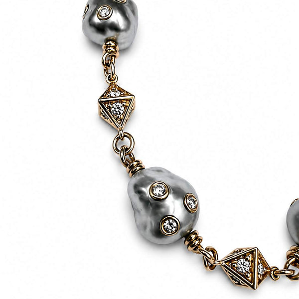 18K Rose Gold 6 Black Baroque Pearls And Round Diamond Station Bracelet