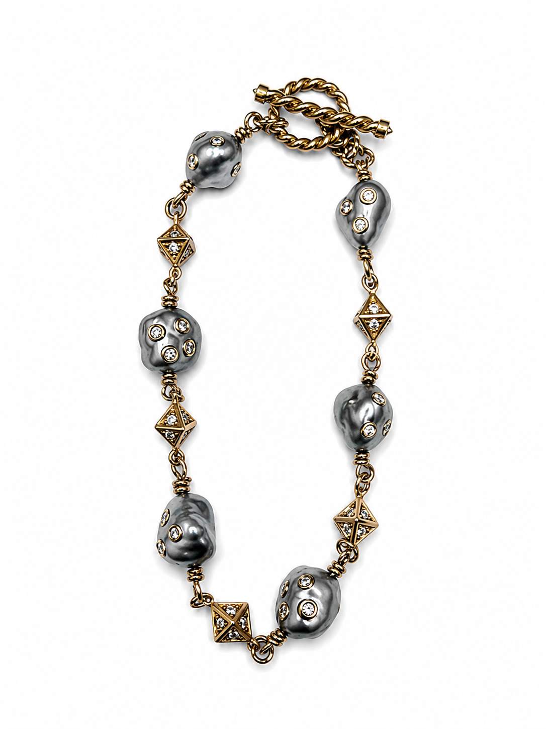 18K Rose Gold 6 Black Baroque Pearls And Round Diamond Station Bracelet