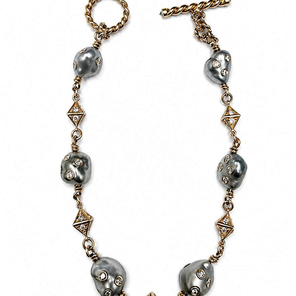 18K Rose Gold 6 Black Baroque Pearls And Round Diamond Station Bracelet