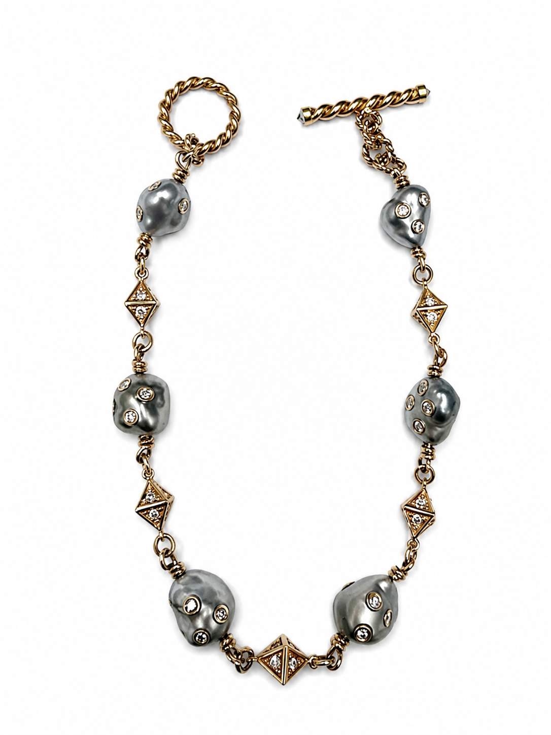 18K Rose Gold 6 Black Baroque Pearls And Round Diamond Station Bracelet