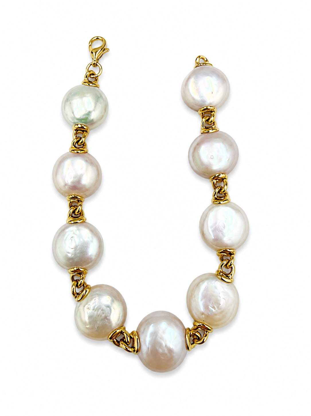 18K Yellow Gold Button/Coin Pearl Station Bracelet