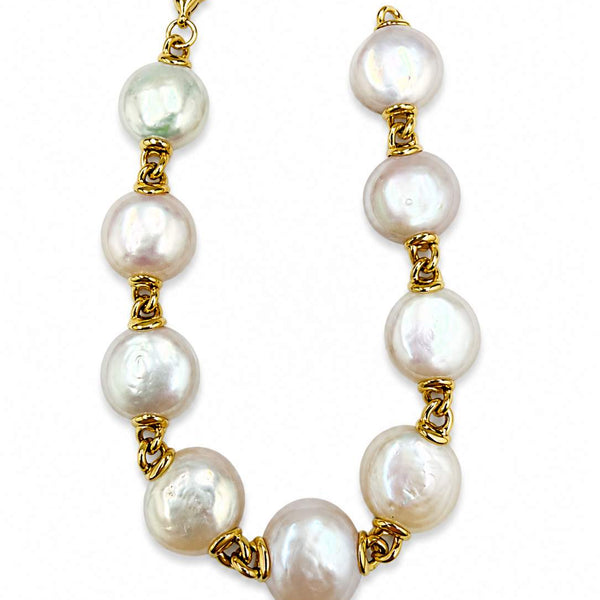 18K Yellow Gold Button/Coin Pearl Station Bracelet