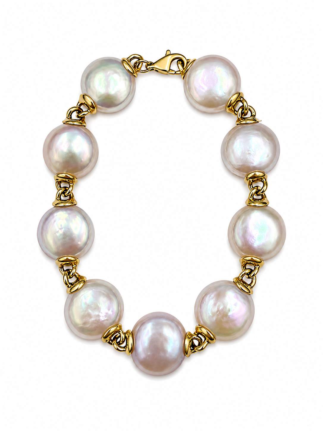 18K Yellow Gold Button/Coin Pearl Station Bracelet
