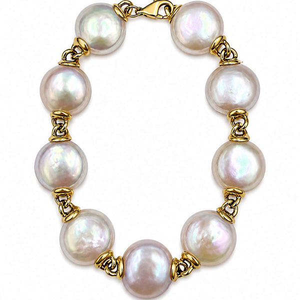 18K Yellow Gold Button/Coin Pearl Station Bracelet