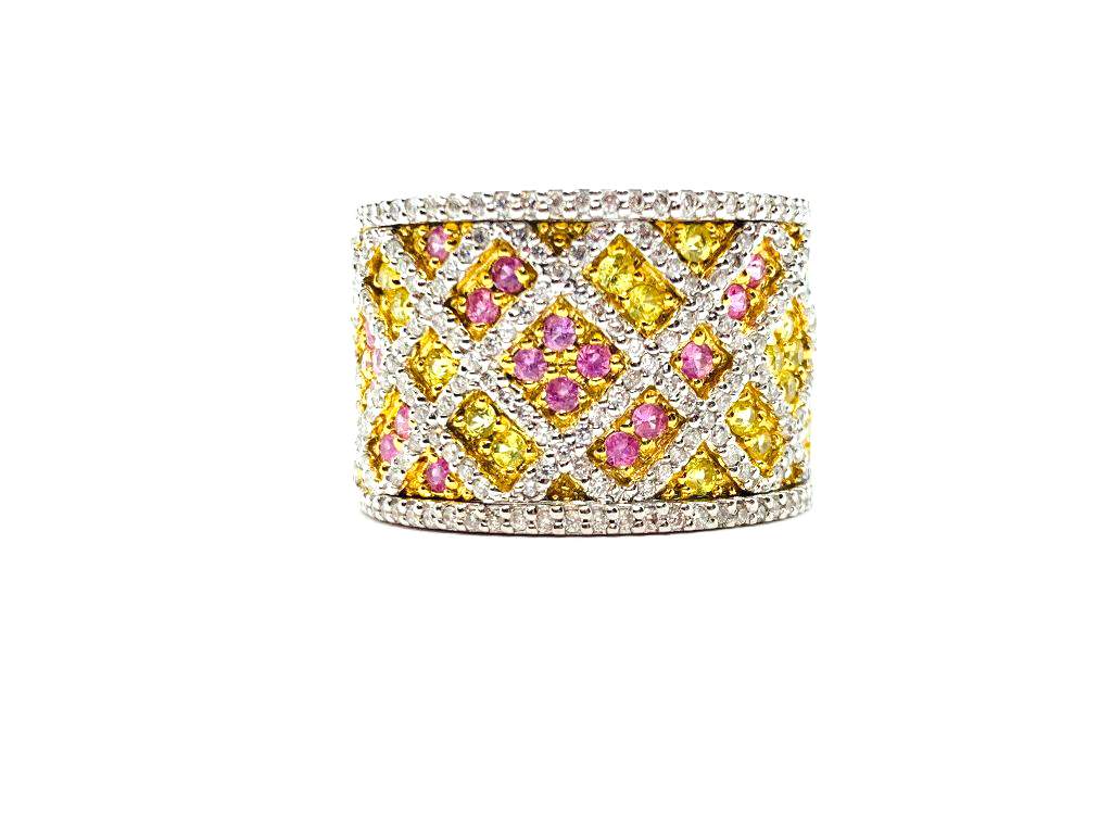 14K WG Diamond And Pink/Yellow Sapphire Zig-Zag Fashion Ring