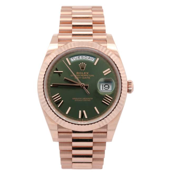 Pre-Owned Rolex Day-Date 40 18kt Everose Gold Olive Green Dial Watch
