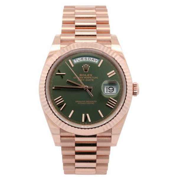 Pre-Owned Rolex Day-Date 40 18kt Everose Gold Olive Green Dial Watch
