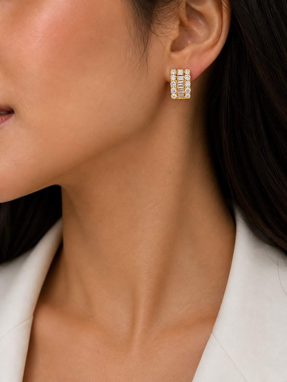 18K Baguette and Round Diamond Wide Huggie Hoops
