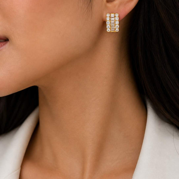 18K Baguette and Round Diamond Wide Huggie Hoops