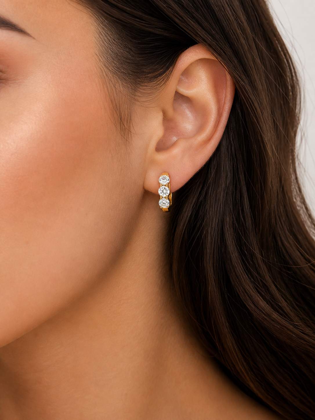 14K Three Diamond Hoop Earrings