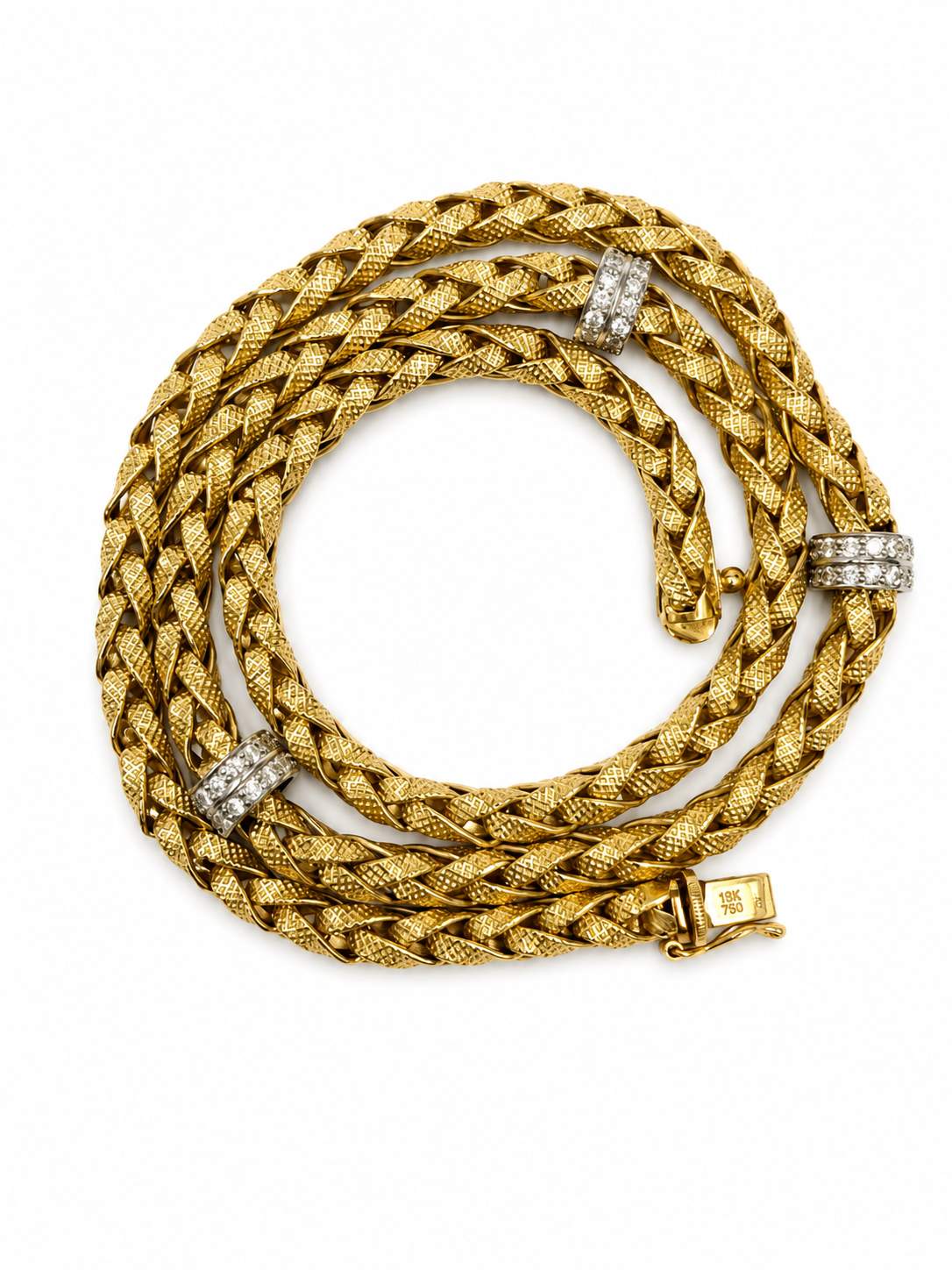 18K Textured Woven Necklace With Diamond Stations