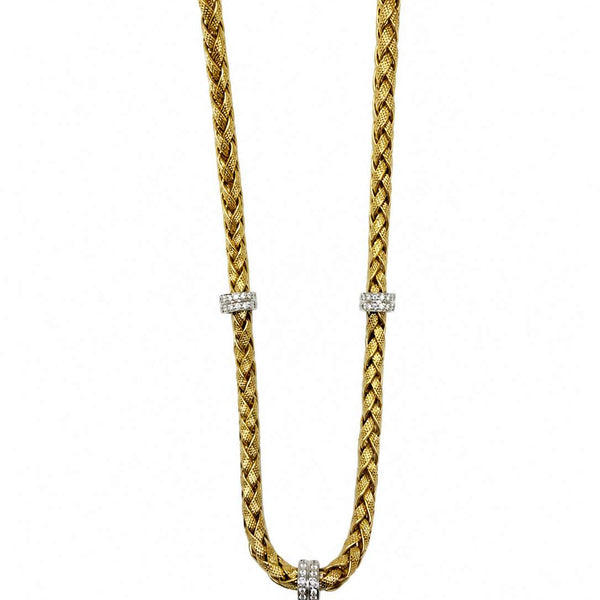 18K Textured Woven Necklace With Diamond Stations