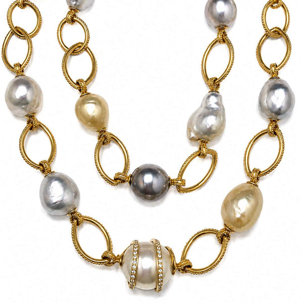 Two (2) 18K Yellow Gold Baroque Pearl necklaces