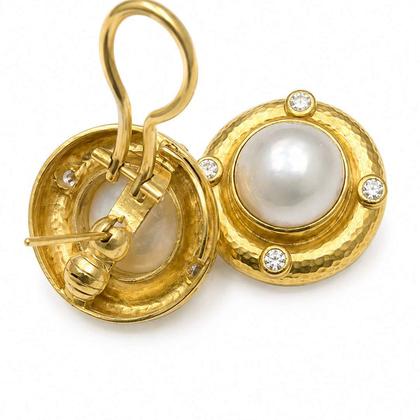 18K Yellow Gold Mobe Pearl and Diamond earrings