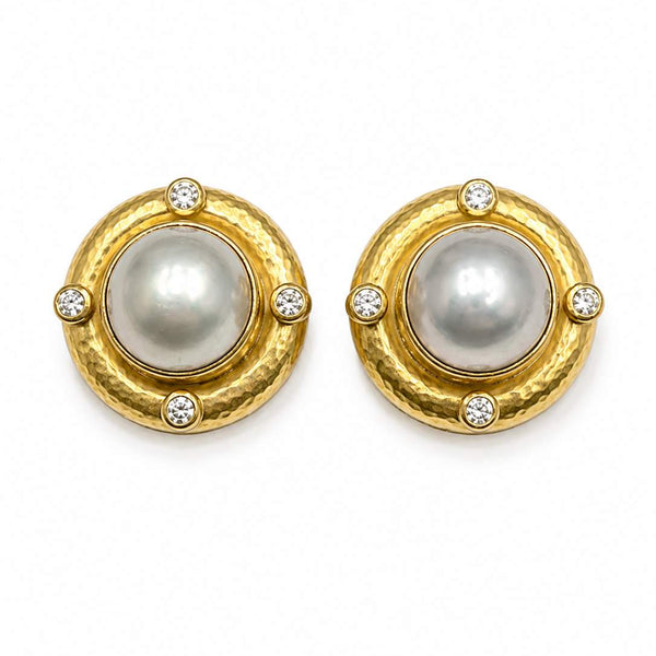 18K Yellow Gold Mobe Pearl and Diamond earrings