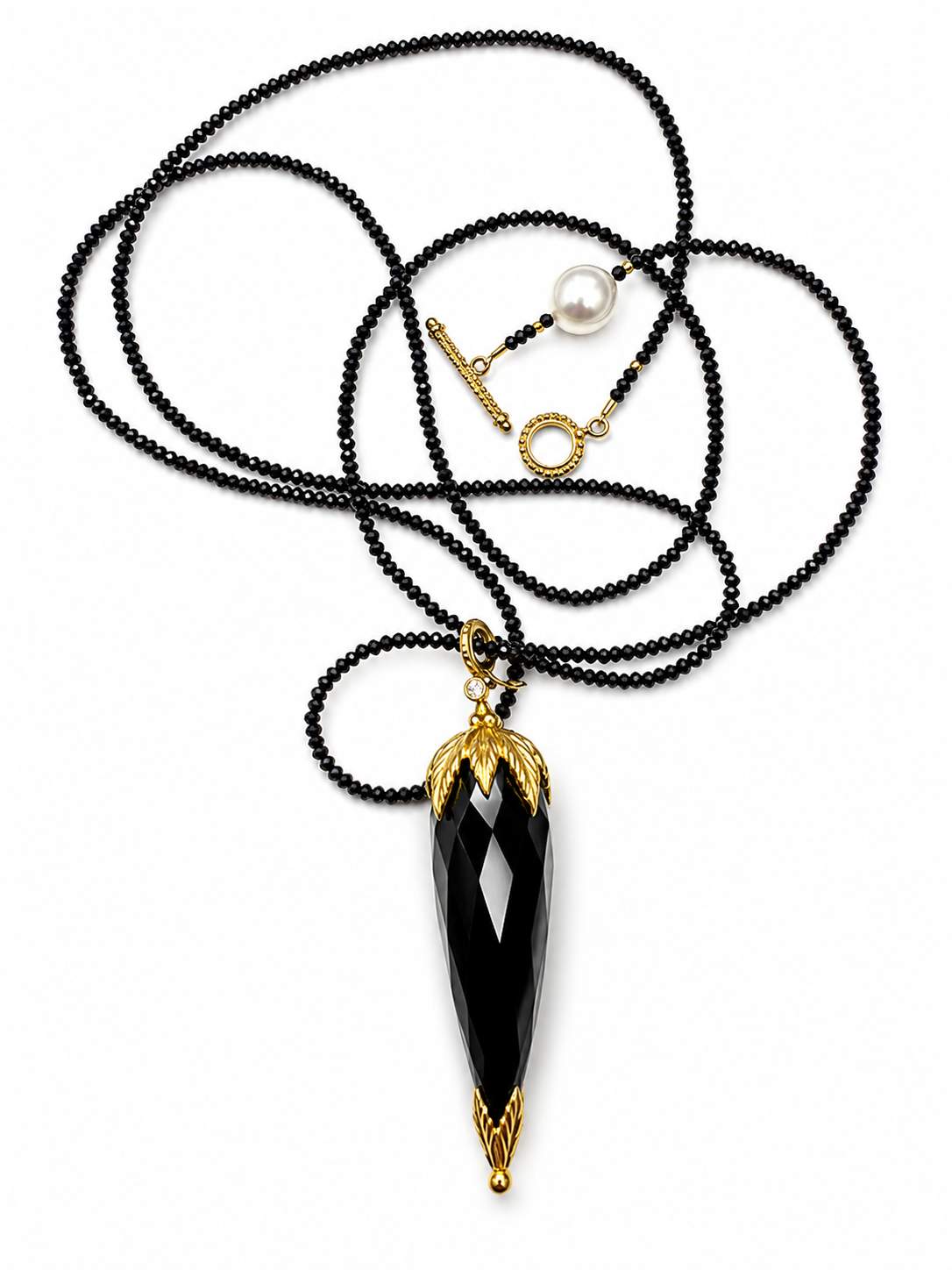18K Onyx Briolette on faceted mini onyx bead 36" necklace with 18k Toggle Clasp.
