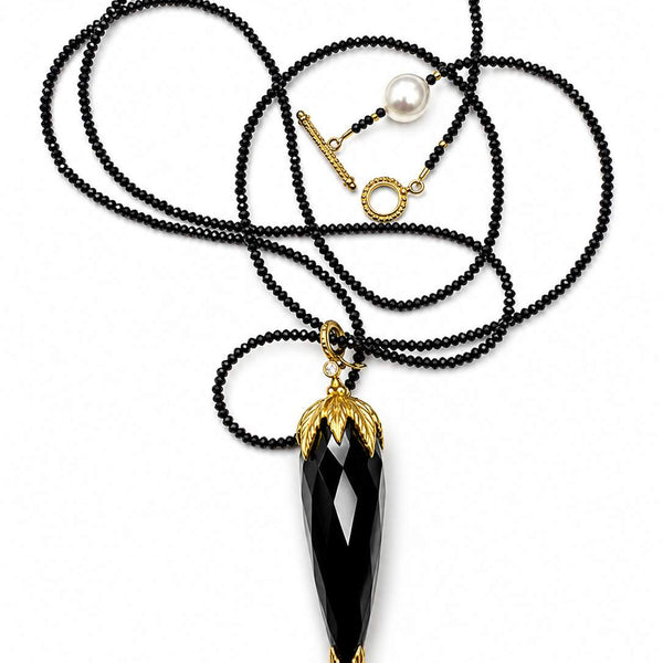 18K Onyx Briolette on faceted mini onyx bead 36" necklace with 18k Toggle Clasp.