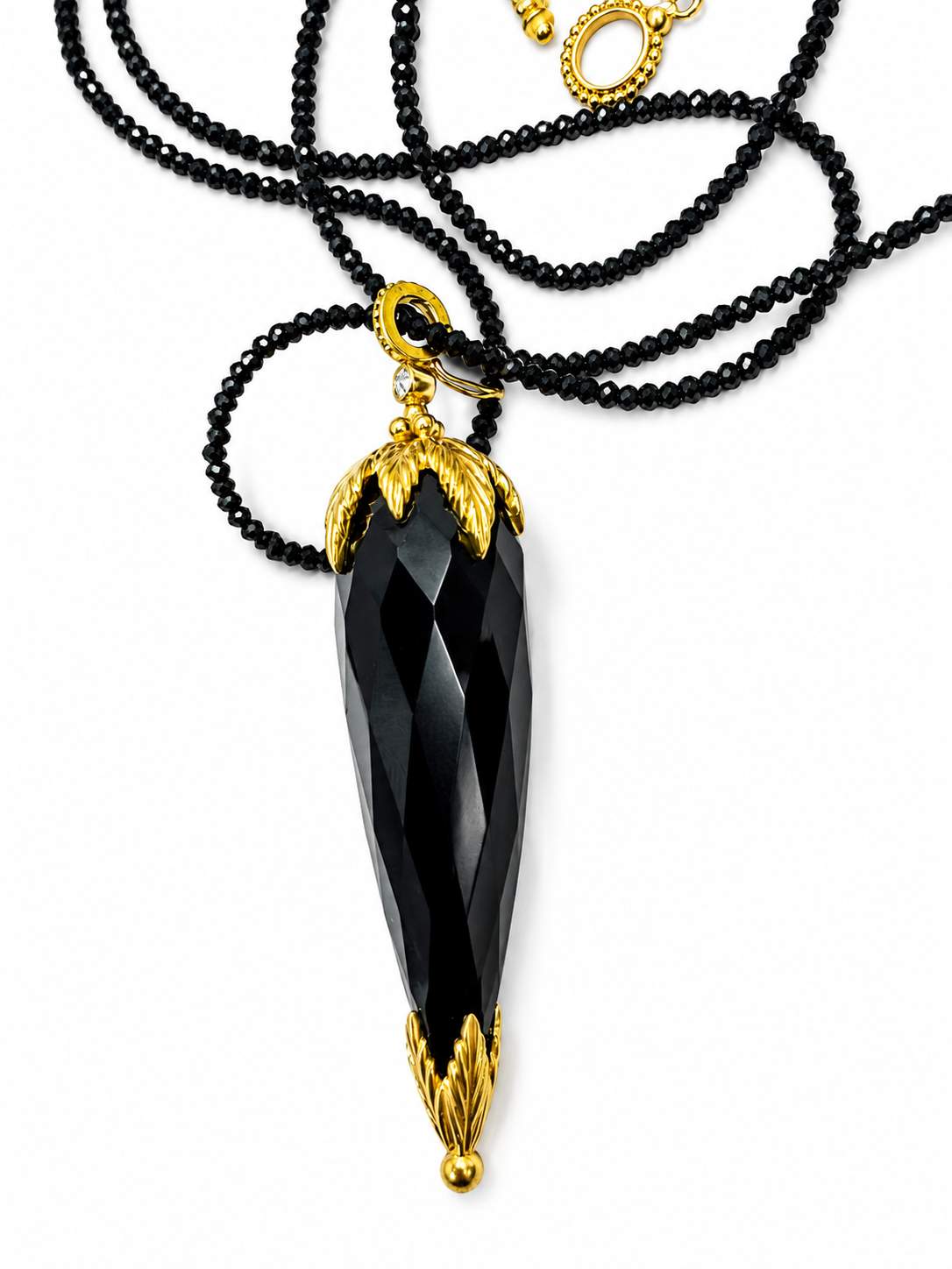 18K Onyx Briolette on faceted mini onyx bead 36" necklace with 18k Toggle Clasp.