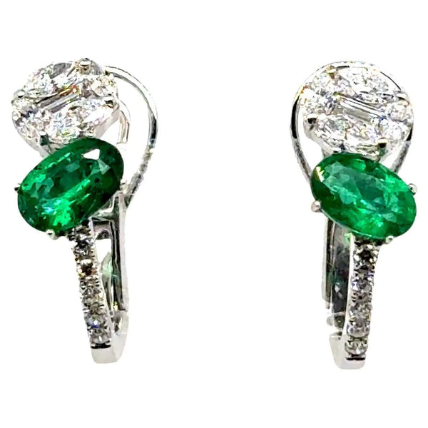 18K Emerald And Diamond Omega Back Earrings