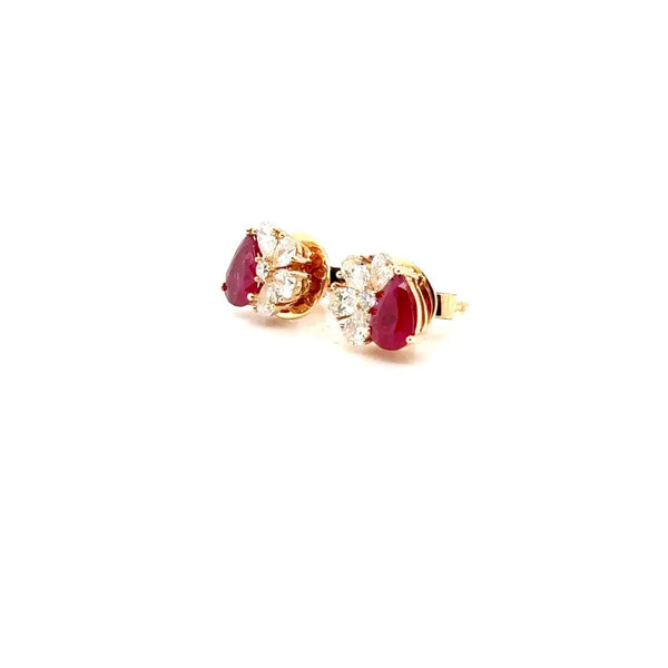 18K Pear Cut Ruby And Diamond Stud Earrings