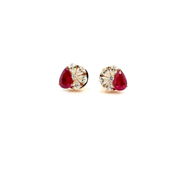 18K Pear Cut Ruby And Diamond Stud Earrings