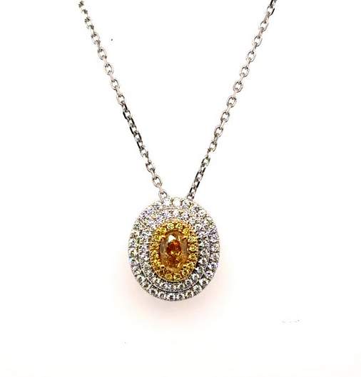 18K White Gold Fancy Yellow Diamond Oval Necklace .43ctw