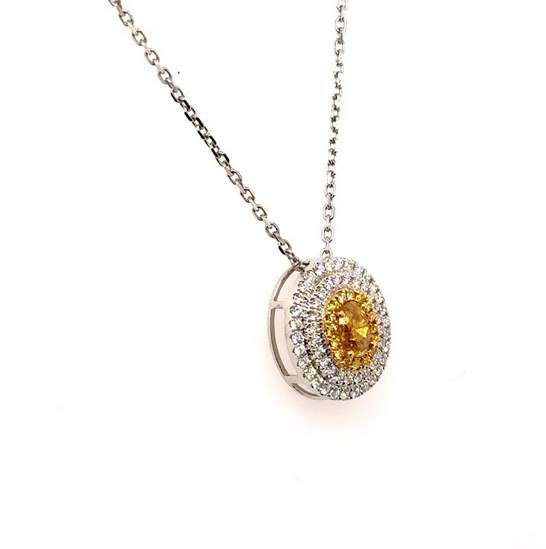 18K White Gold Fancy Yellow Diamond Oval Necklace .43ctw