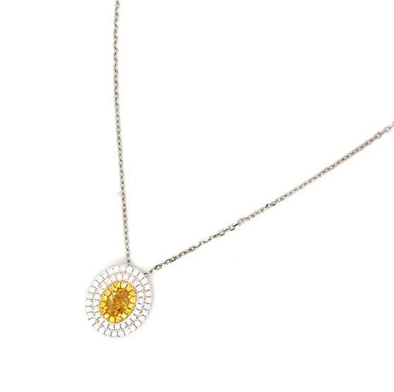 18K White Gold Fancy Yellow Diamond Oval Necklace .43ctw