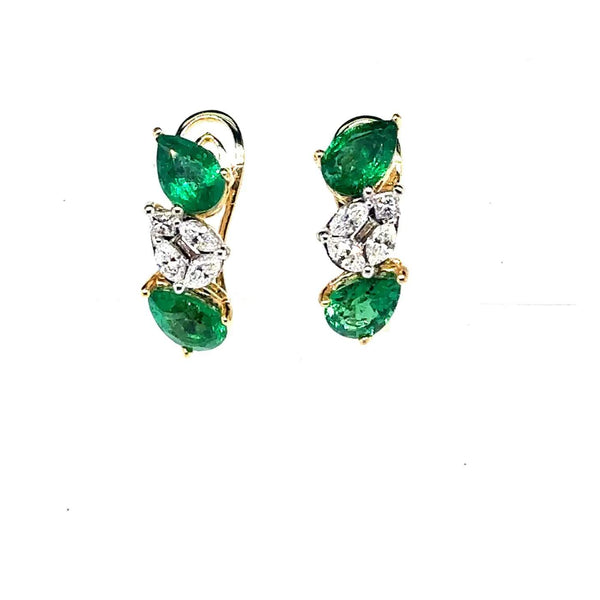 18K Emerald And Diamond Omega Back Earrings