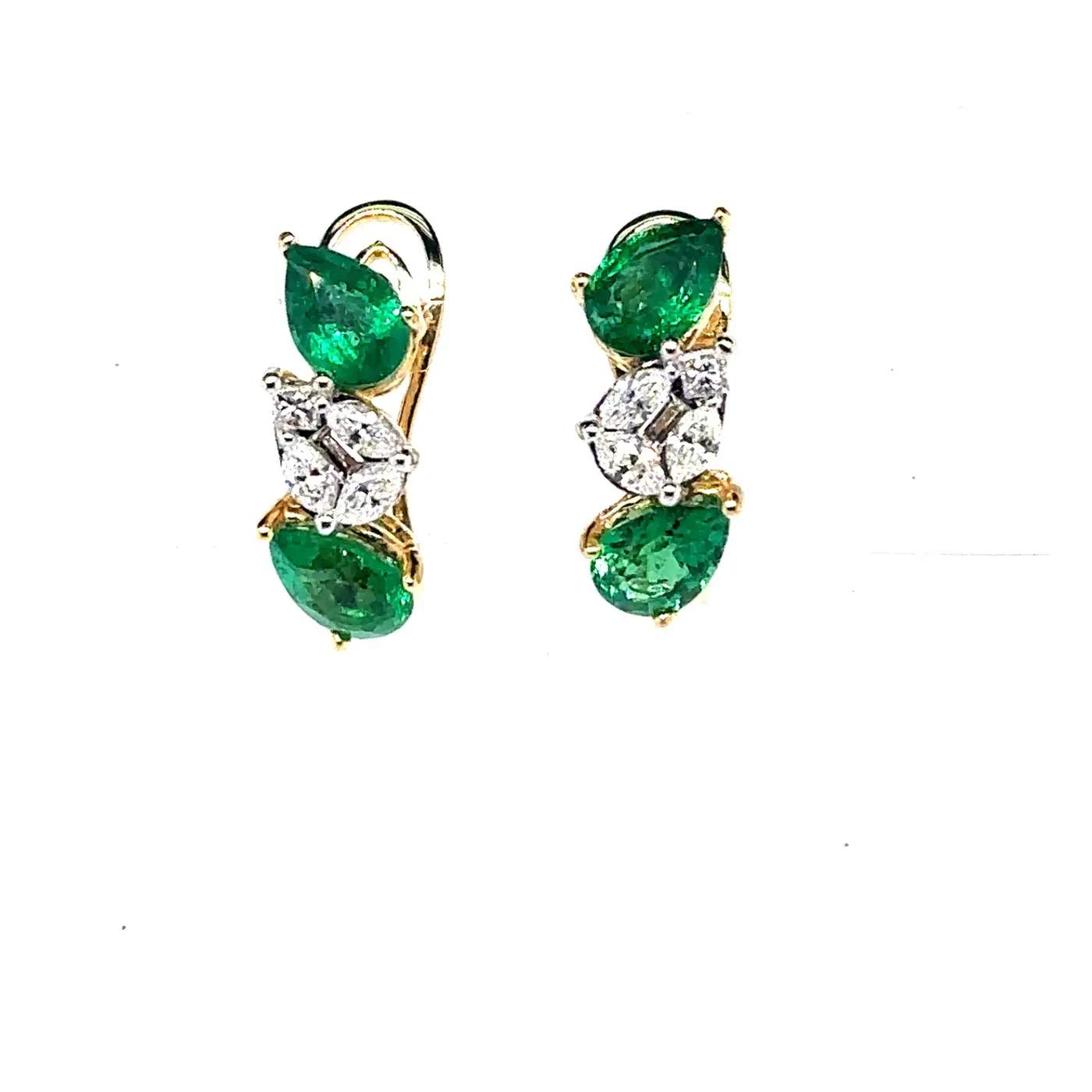 18K Emerald And Diamond Omega Back Earrings