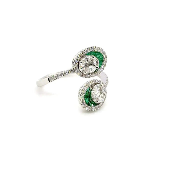 18K White Gold Emerald & Diamond Bypass Ring