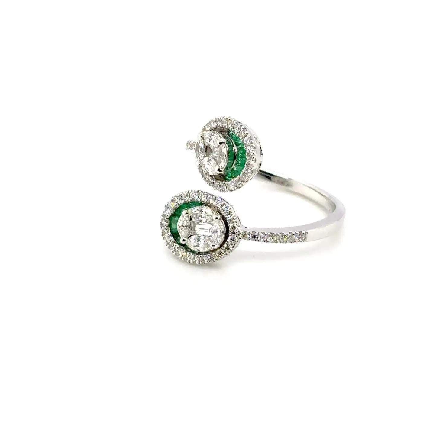 18K White Gold Emerald & Diamond Bypass Ring