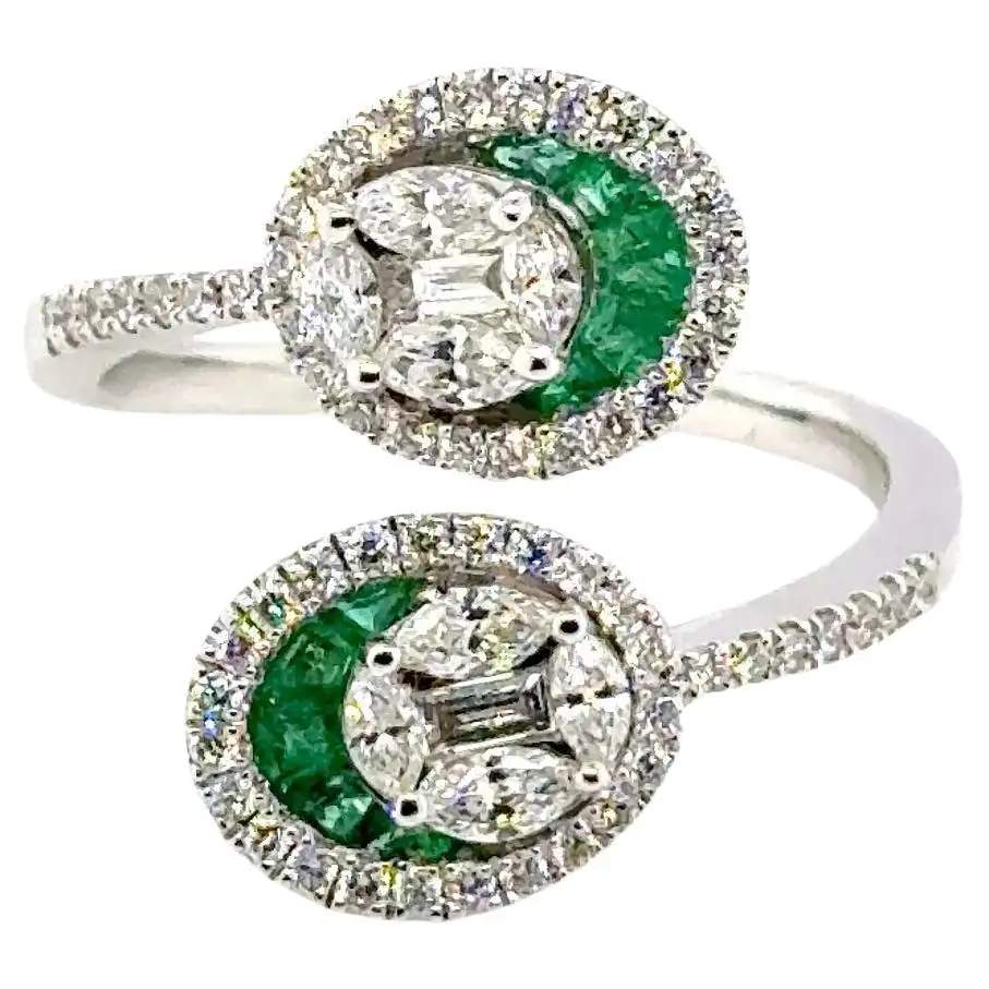18K White Gold Emerald & Diamond Bypass Ring