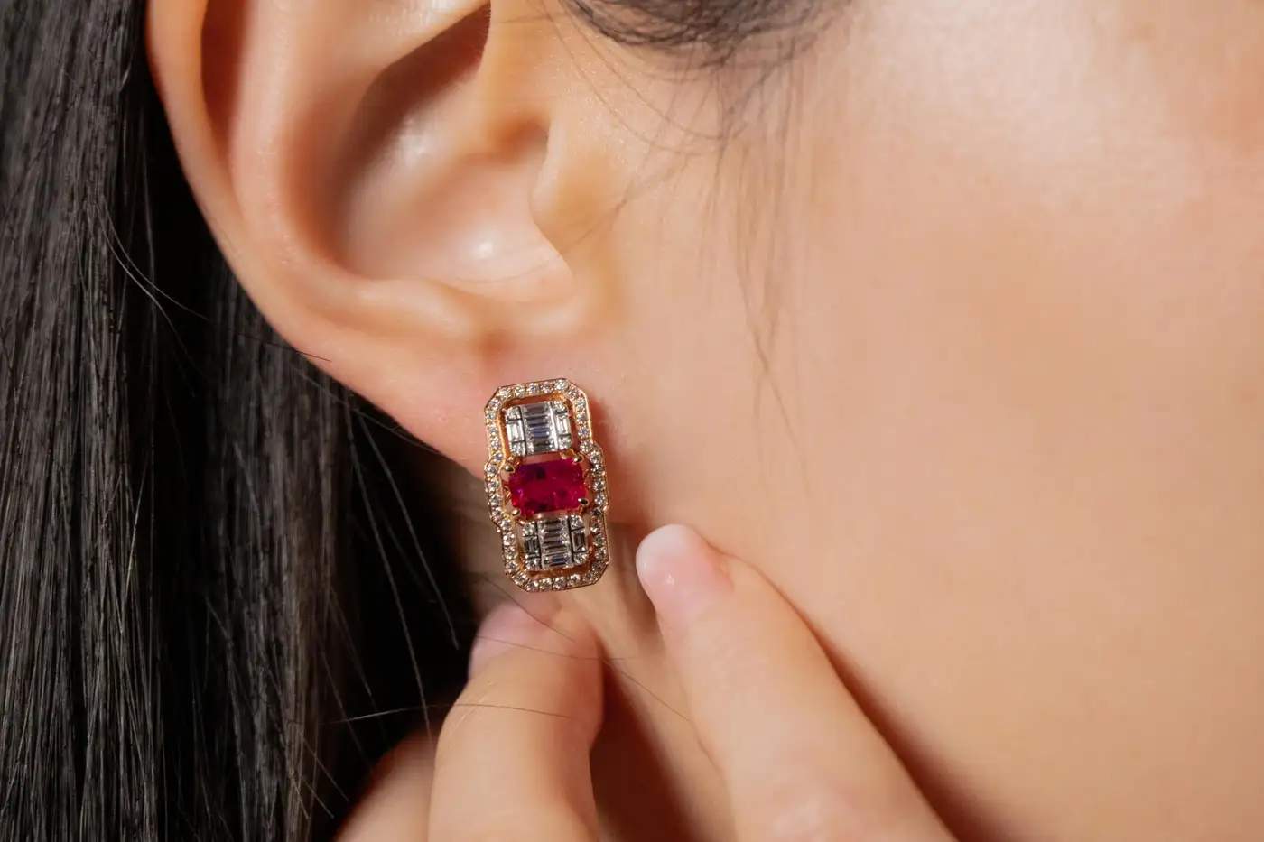 18K Rose Gold Ruby & Diamond J-Post Earrings