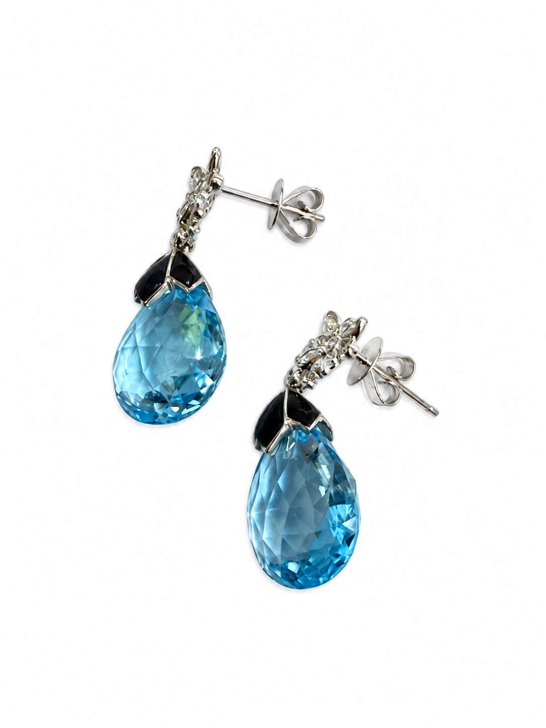 18K Dangle Earrings With Diamond And Black Onyx And Blue Topaz
