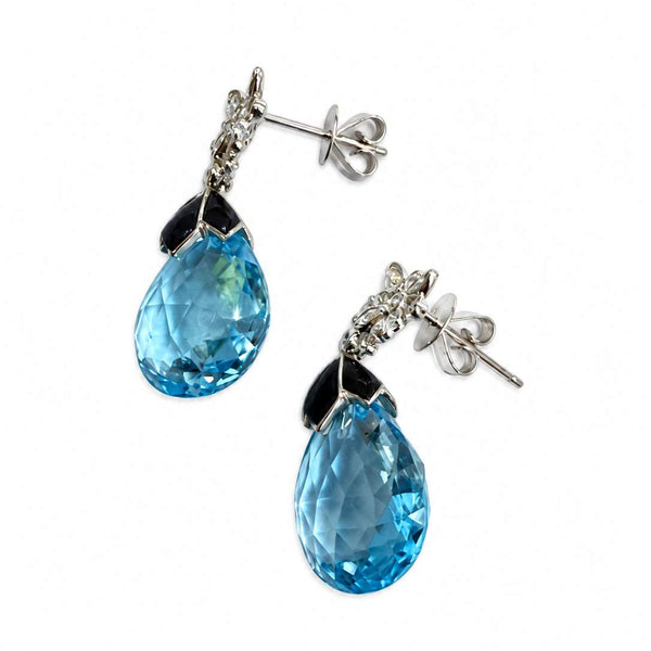 18K Dangle Earrings With Diamond And Black Onyx And Blue Topaz
