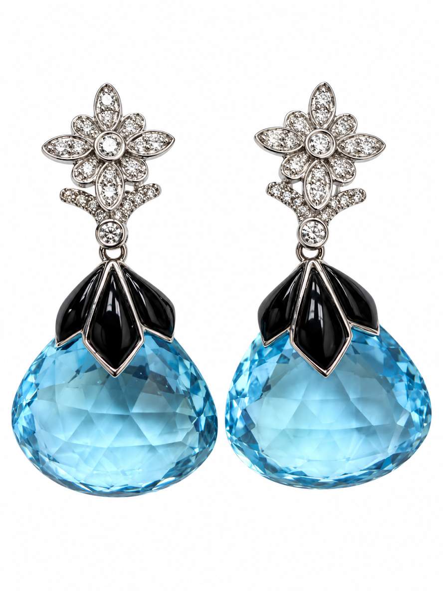 18K Dangle Earrings With Diamond And Black Onyx And Blue Topaz