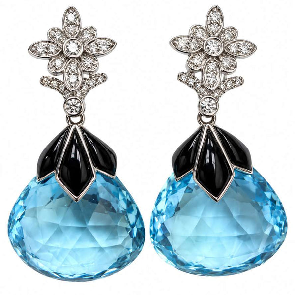 18K Dangle Earrings With Diamond And Black Onyx And Blue Topaz