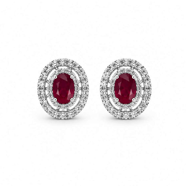 14K White Gold Ruby and Diamond Halo Stud Earrings