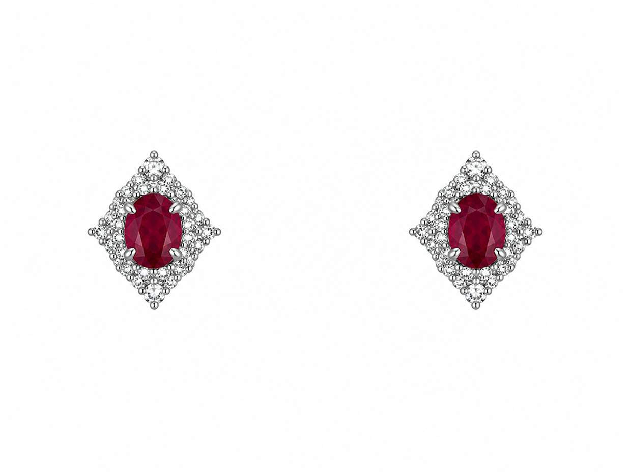 18K White Gold Ruby & Diamond Starburst Halo Stud Earrings