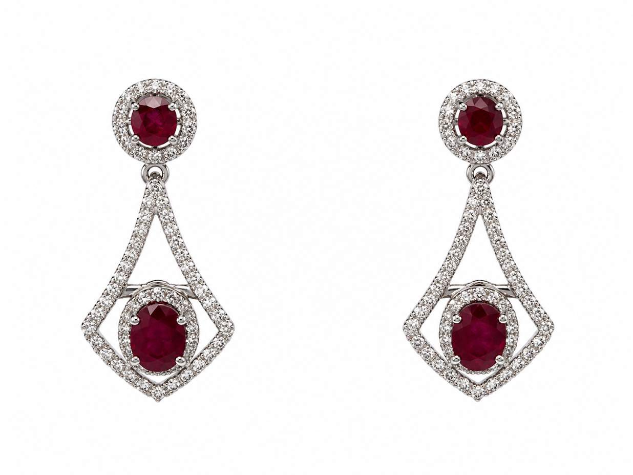 18K White Gold Ruby & Diamond Dangle Earrings